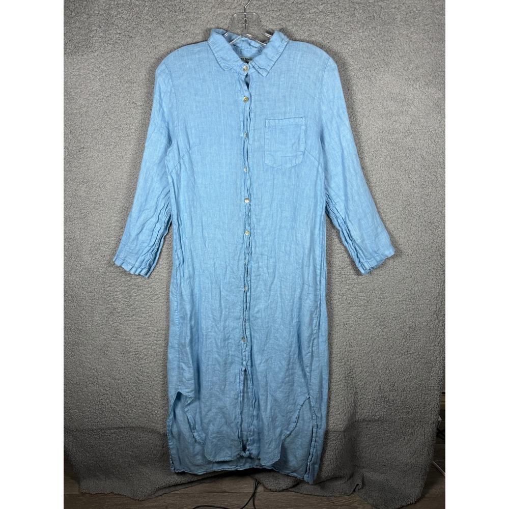 Meo Meli Italy Blue Linen Maxi Shirt Dress Long Sleeve Button Down Slits